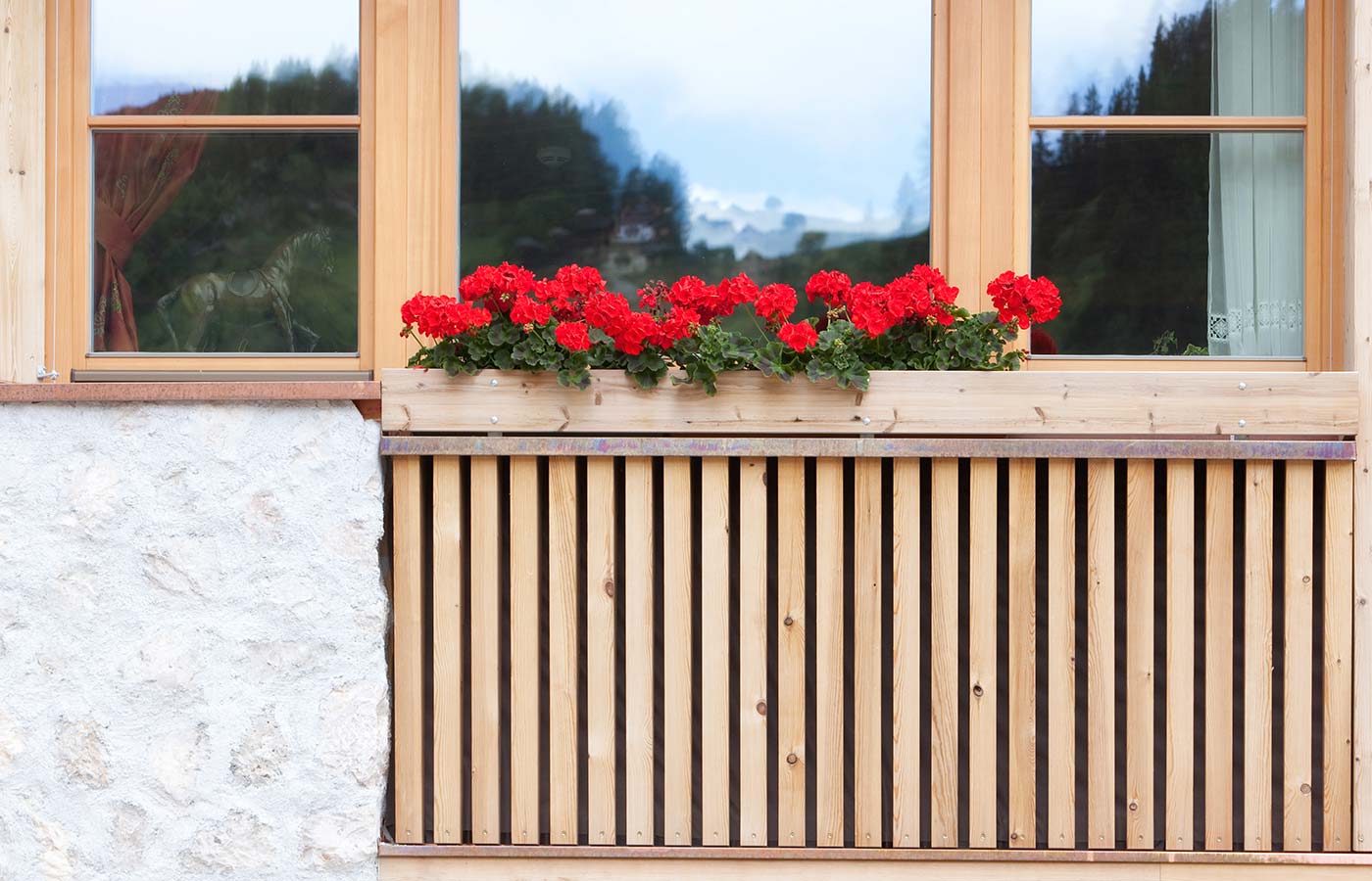 Detail of Hotel Cavallino front with geraniums